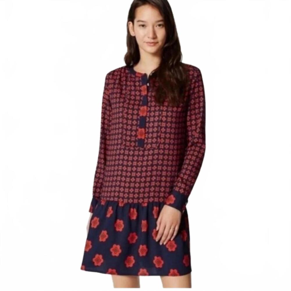 Loft Petites Navy Red Geometric Floral Drop Waist Henley Shift Dress LP